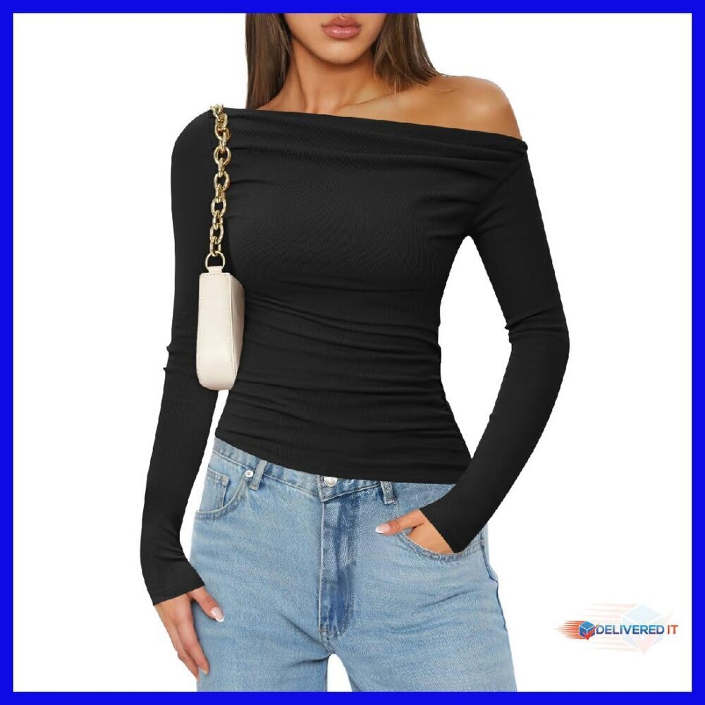 Off Shoulder Long Sleeve Ruched Blouse Slim Fit Y2K Style